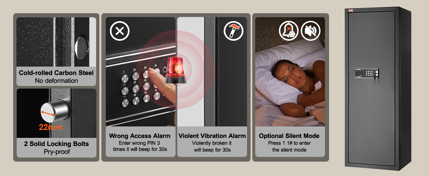 VEVOR gun safe with 22mm solid locking bolts, alarms, and cold-rolled carbon steel for maximum security.