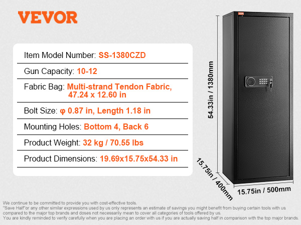 VEVOR rifle safe ss-1380czd, holds 10-12 guns, 54.33in height, keypad lock, weight 32kg, black.