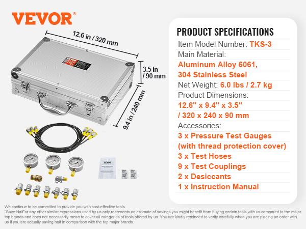 VEVOR hydraulic pressure test kit with hoses, gauges, case, couplings, and instruction manual.
