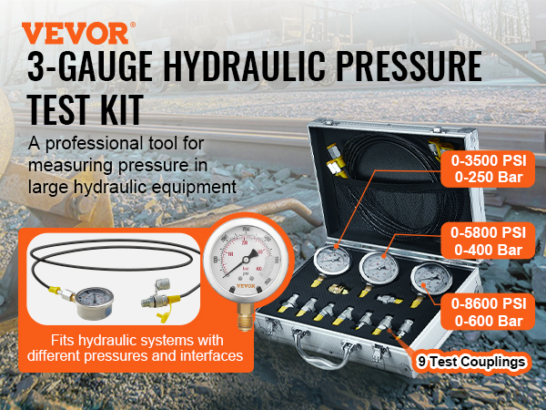 VEVOR hydraulic pressure test kit with 3 gauges, hose, and couplings in a metal case near railway tracks.