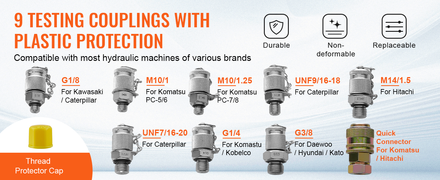 9 testing couplings for various brands with plastic protection, durable, non-deformable, replaceable.