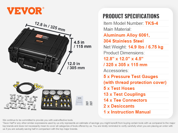 VEVOR hydraulic pressure test kit with carrying case, gauges, hoses, couplings, and connectors.