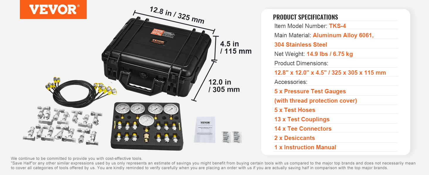 VEVOR hydraulic pressure test kit with carrying case, gauges, hoses, couplings, and connectors.