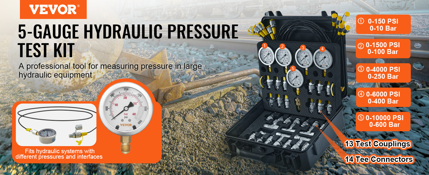 VEVOR hydraulic pressure test kit with 5-gauge set and various test couplings on a railway background.