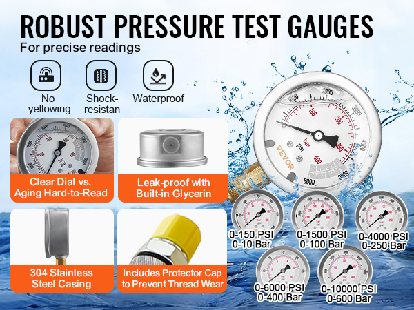 VEVOR hydraulic pressure test kit, robust gauges for precise readings, waterproof, shock-resistant.