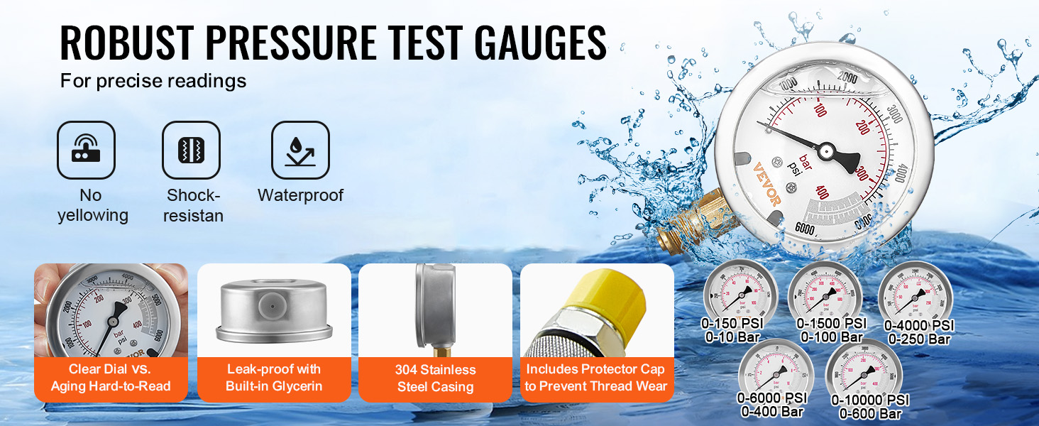 VEVOR hydraulic pressure test kit, robust gauges for precise readings, waterproof, shock-resistant.