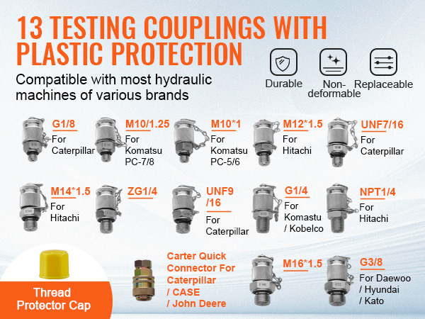 13 VEVOR hydraulic pressure test kit couplings compatible with hydraulic machines, durable and replaceable.