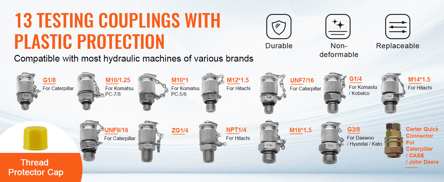 13 VEVOR hydraulic pressure test kit couplings compatible with hydraulic machines, durable and replaceable.