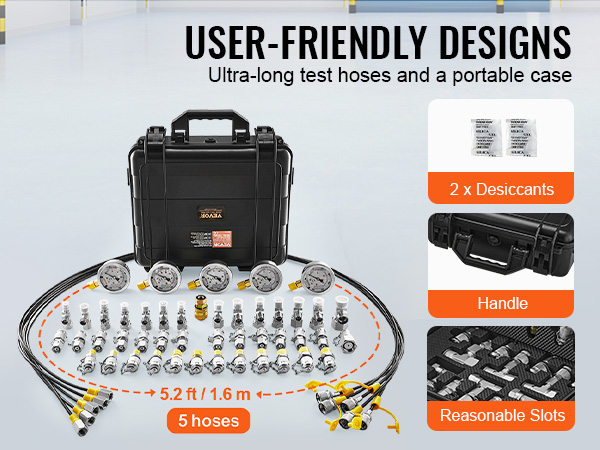 VEVOR hydraulic pressure test kit with 5 hoses, gauges, fittings, desiccants, and portable case.