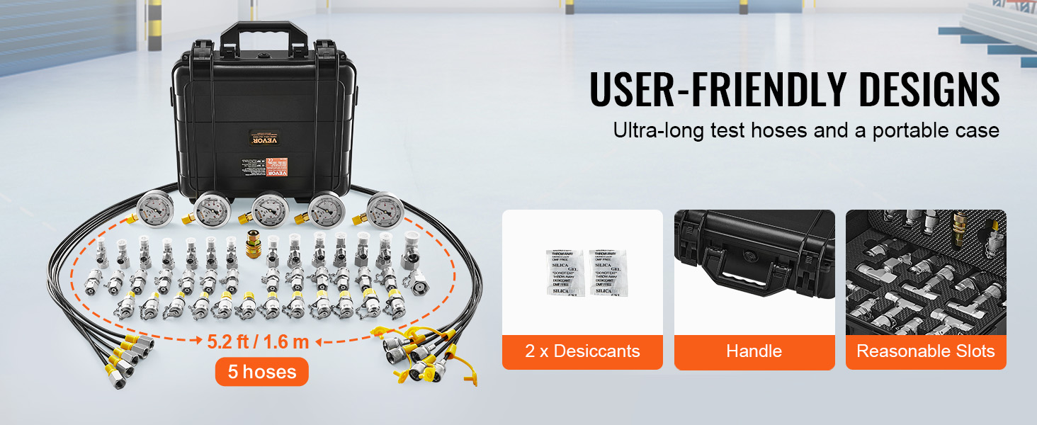 VEVOR hydraulic pressure test kit with 5 hoses, gauges, fittings, desiccants, and portable case.
