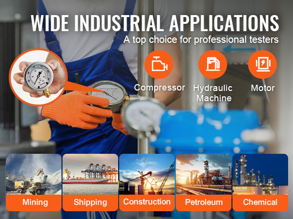 wide industrial applications with VEVOR hydraulic pressure test kit; used in mining, shipping, and more.
