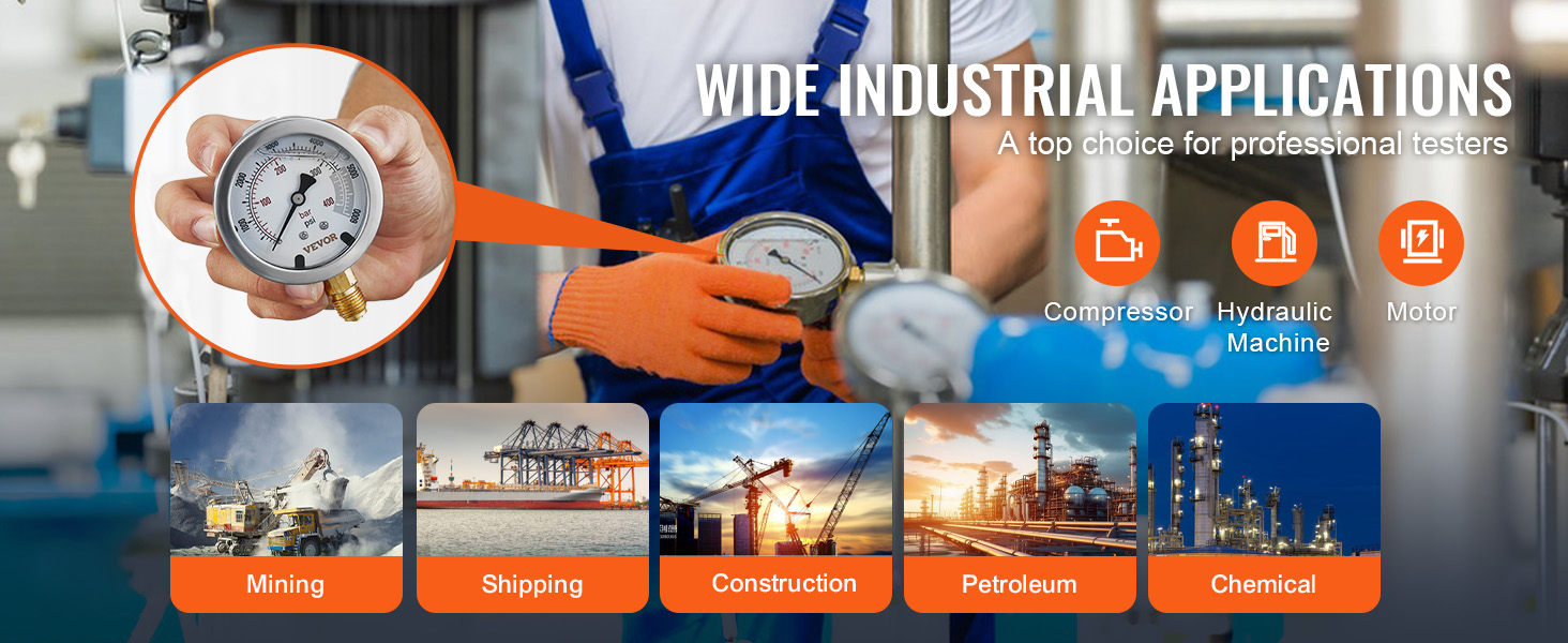 wide industrial applications with VEVOR hydraulic pressure test kit; used in mining, shipping, and more.