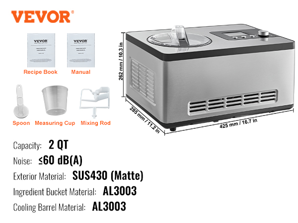 VEVOR automatic ice cream maker with 2 qt capacity, sus430 exterior, and al3003 materials.