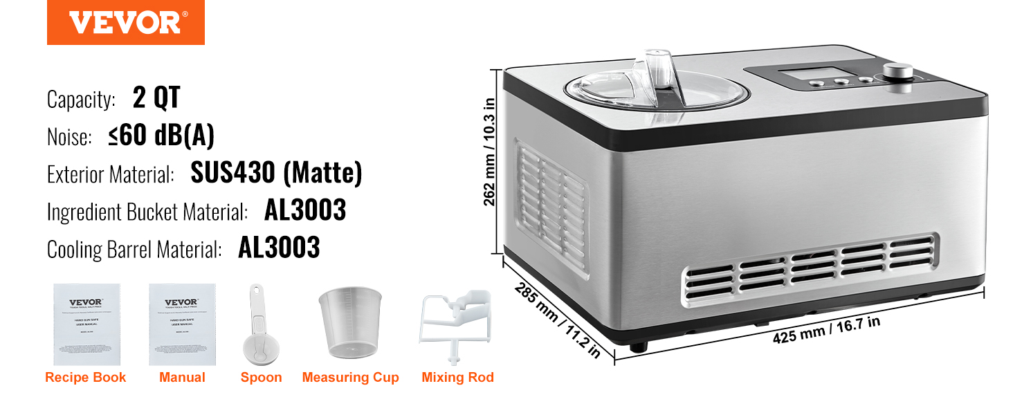 VEVOR automatic ice cream maker with 2 qt capacity, sus430 exterior, and al3003 materials.
