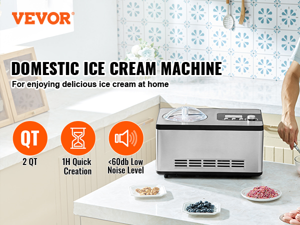 VEVOR automatic ice cream maker on kitchen counter with ingredients and mixing bowl nearby.