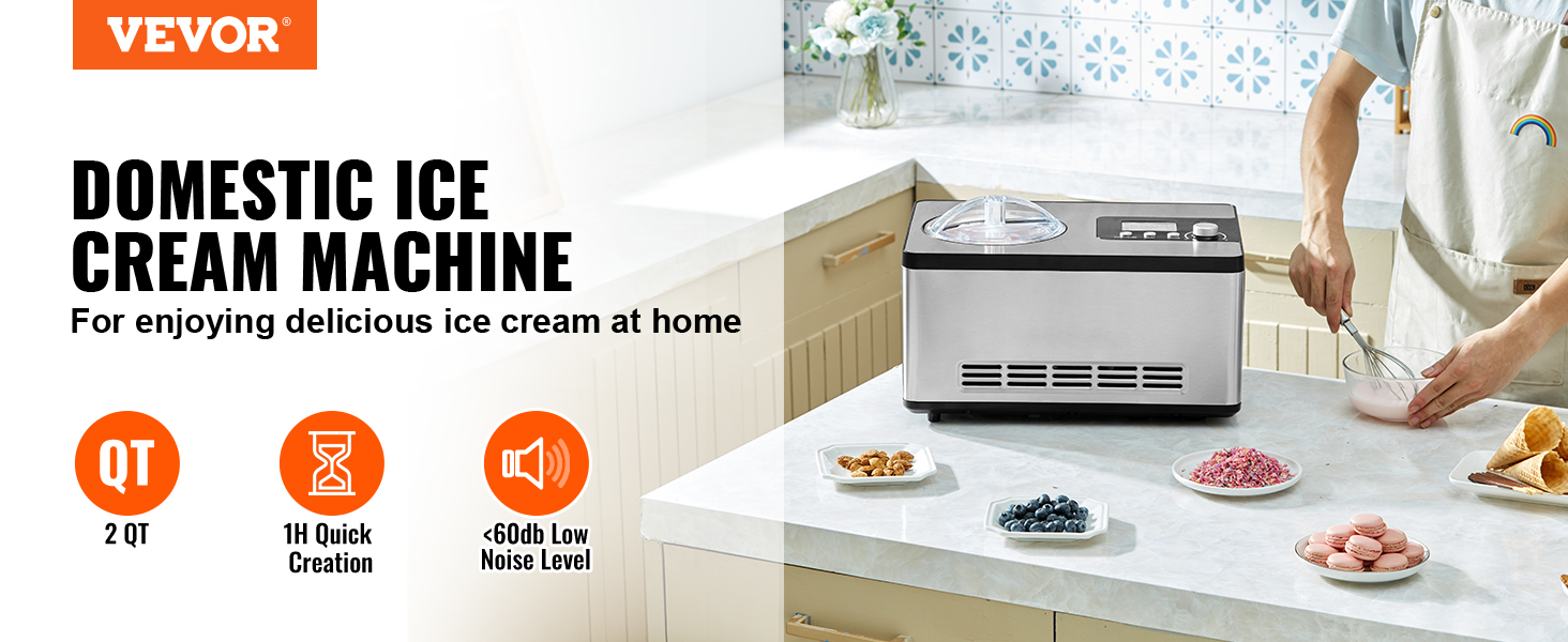 VEVOR automatic ice cream maker on kitchen counter with ingredients and mixing bowl nearby.