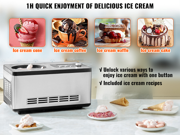 VEVOR automatic ice cream maker, various ice cream types, easy use, recipes included, 1-hour prep.