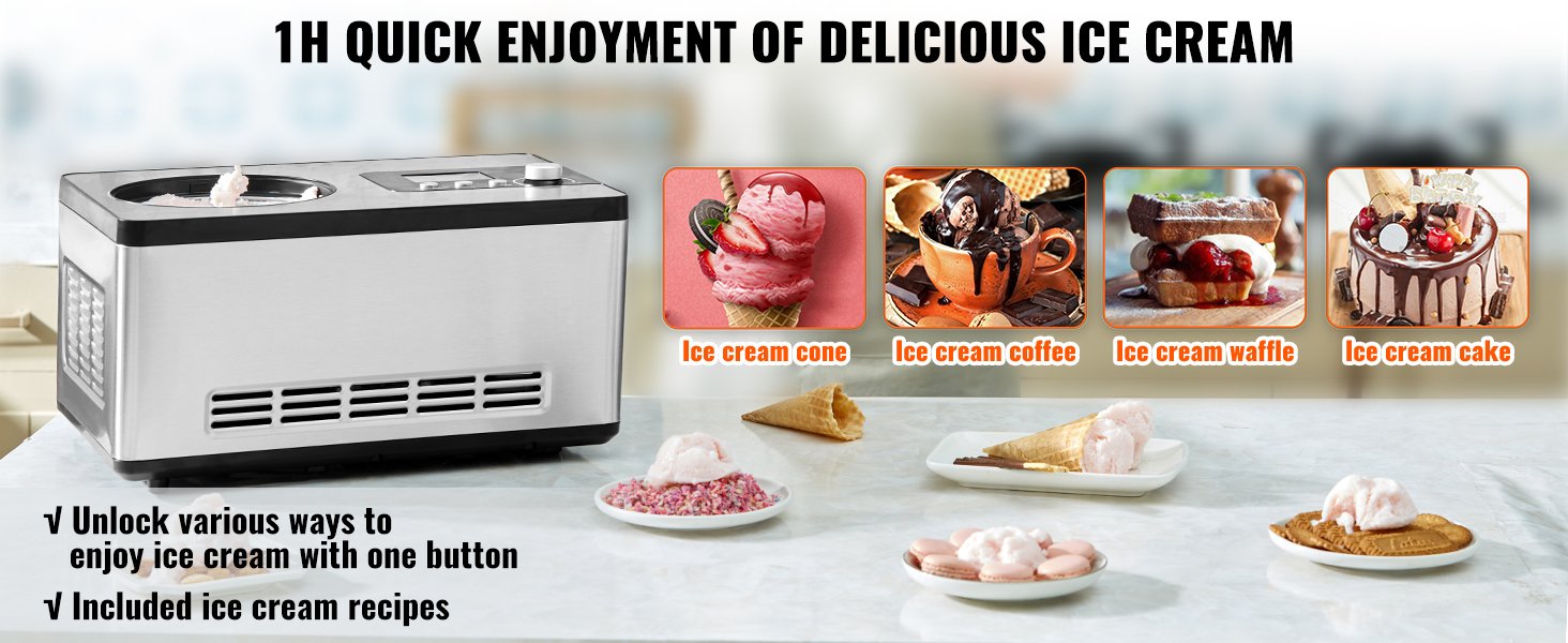 VEVOR automatic ice cream maker, various ice cream types, easy use, recipes included, 1-hour prep.