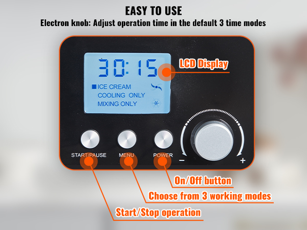 control panel of VEVOR automatic ice cream maker with lcd display and operational buttons in a kitchen.