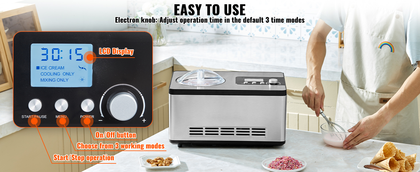 control panel of VEVOR automatic ice cream maker with lcd display and operational buttons in a kitchen.