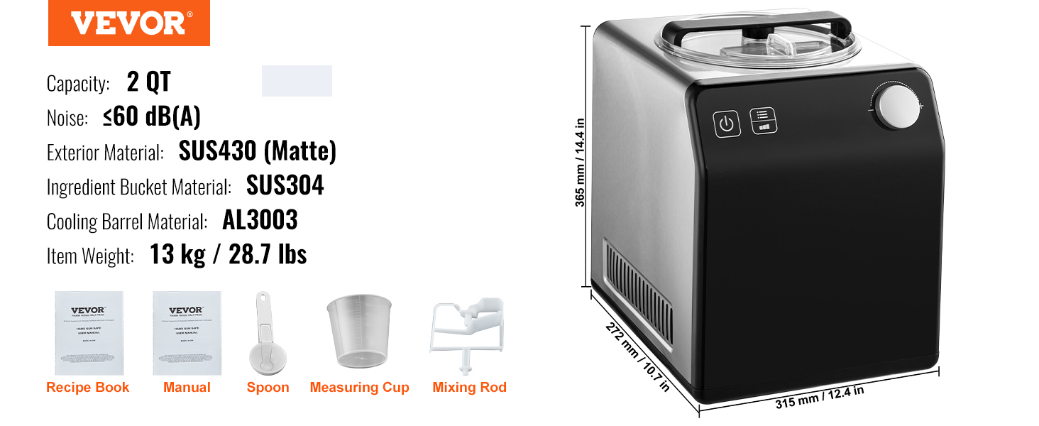 VEVOR ice cream maker, 2 qt, sus430 matte exterior, sus304 bucket, al3003 barrel, 13 kg, accessories included.