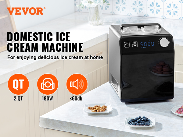 VEVOR ice cream maker in a kitchen, making fresh treats with multiple ingredients around it.