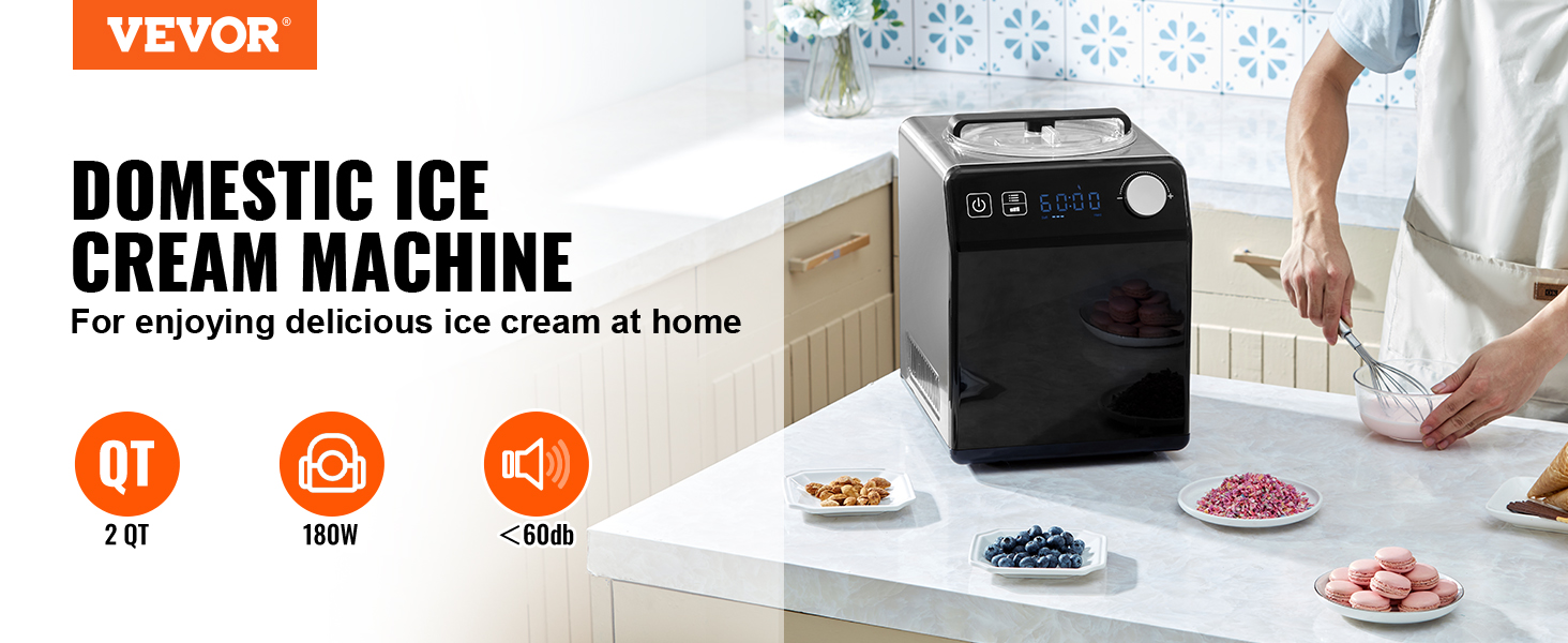VEVOR ice cream maker in a kitchen, making fresh treats with multiple ingredients around it.