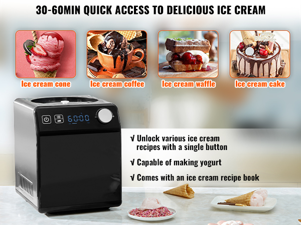 VEVOR ice cream maker with recipes for cones, coffee, waffles, and cake; 30-60 minutes prep time.
