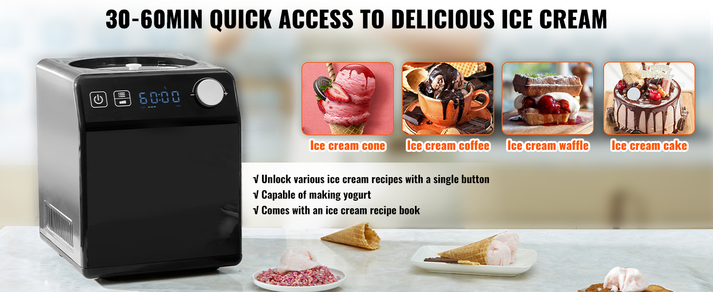 VEVOR ice cream maker with recipes for cones, coffee, waffles, and cake; 30-60 minutes prep time.