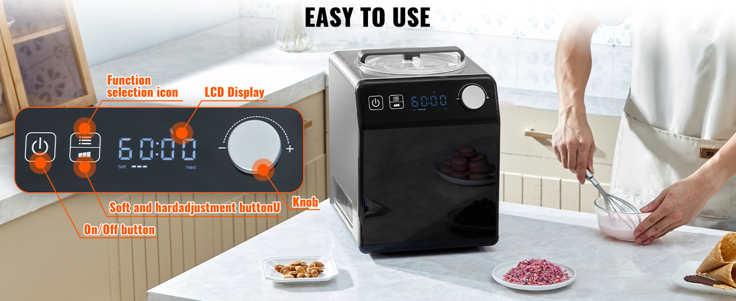 VEVOR ice cream maker with lcd display and adjustment buttons on the kitchen counter. easy-to-use interface.