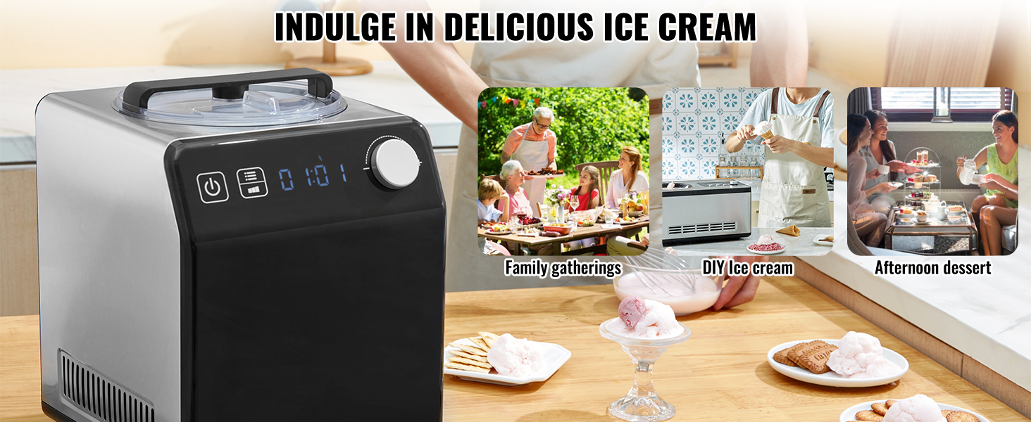 VEVOR ice cream maker on countertop, perfect for family gatherings, diy ice cream, and afternoon desserts.