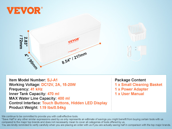 VEVOR ultrasonic jewelry cleaner, 470ml capacity, touch buttons, includes cleaning basket and power adapter.
