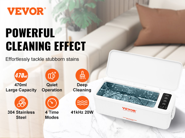 VEVOR ultrasonic jewelry cleaner with 470ml capacity, quiet operation, and 4 time modes on a table.