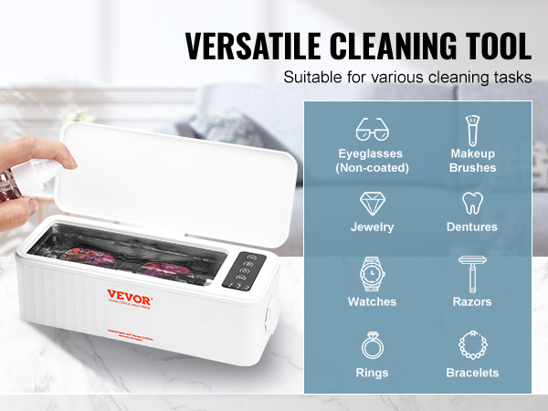VEVOR ultrasonic jewelry cleaner with open lid, versatile cleaning options, and a user spraying liquid.