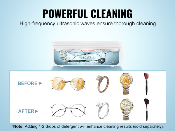 powerful VEVOR ultrasonic jewelry cleaner showcasing effective before and after cleaning results.
