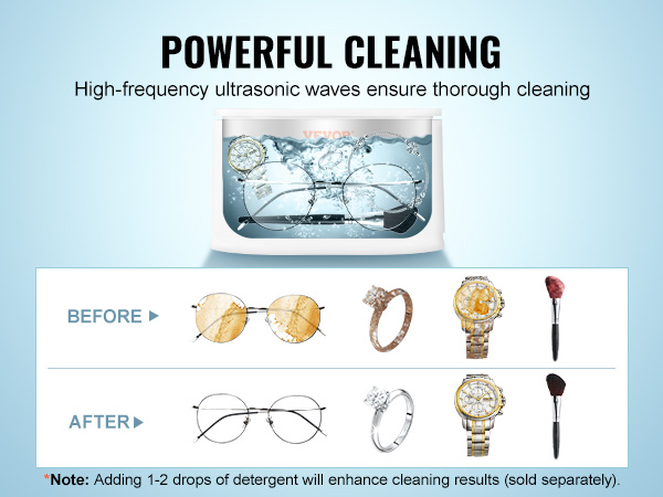powerful cleaning of jewelry, watches, rings, glasses using VEVOR ultrasonic jewelry cleaner, before and after.