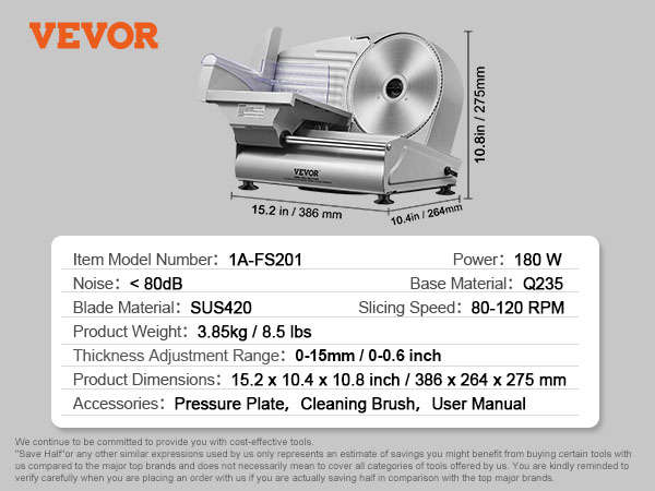 VEVOR meat slicer with sus420 blade, 80-120 rpm speed, thickness range 0-15mm, and 180w power.