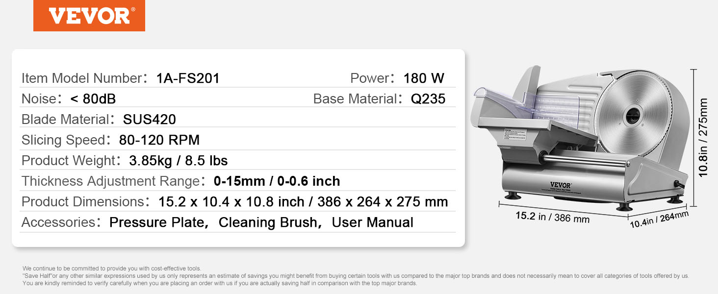 VEVOR meat slicer with sus420 blade, 80-120 rpm speed, thickness range 0-15mm, and 180w power.