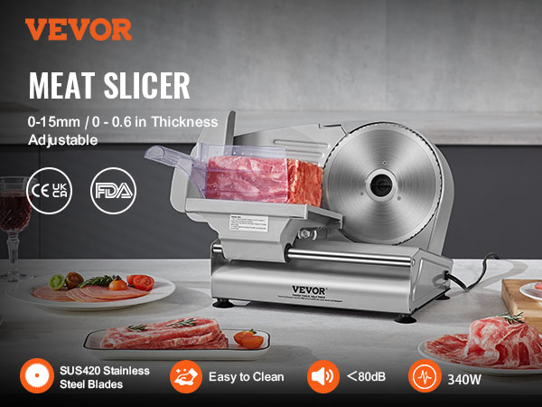 VEVOR meat slicer with stainless steel blades, adjustable thickness, and easy-to-clean features.
