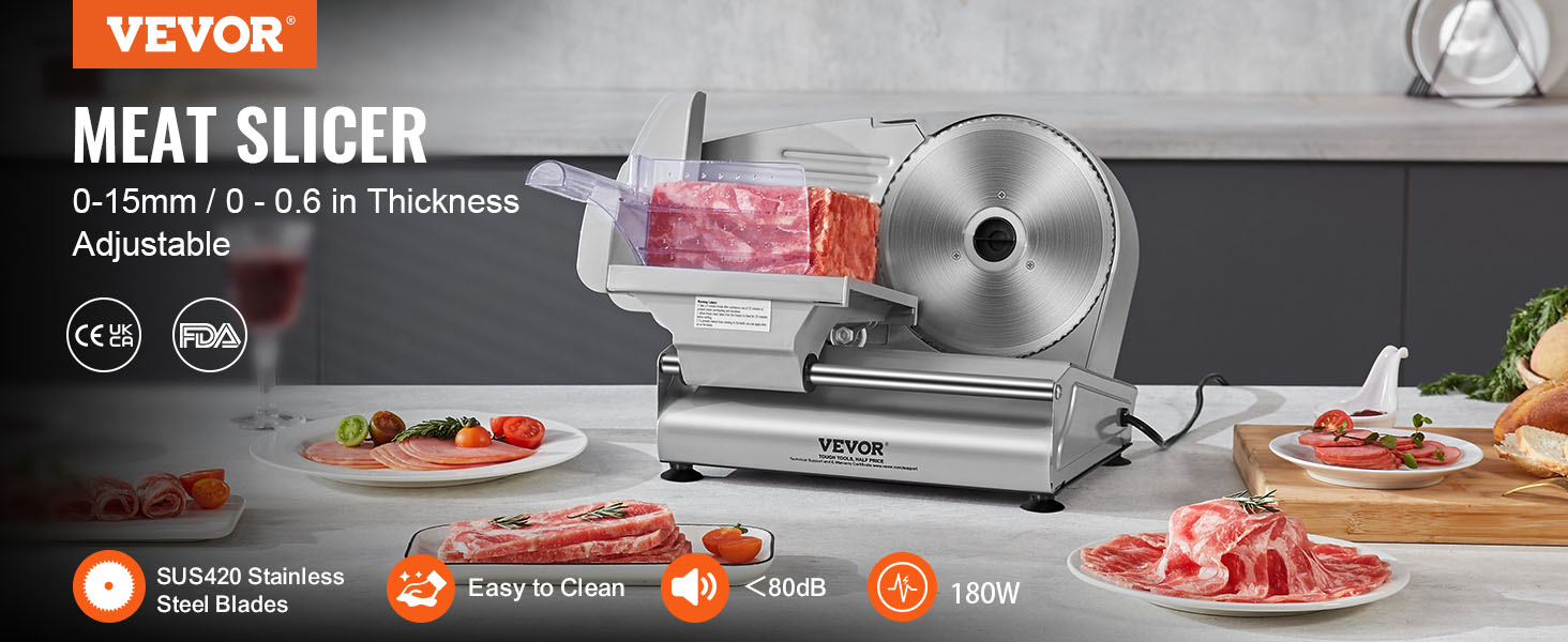 VEVOR meat slicer with stainless steel blades, adjustable thickness, and easy-to-clean features.