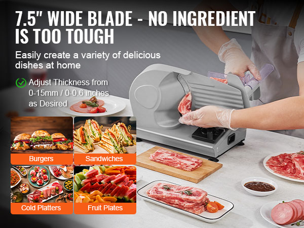 person using VEVOR meat slicer to slice meat; variety of prepared dishes, including burgers and sandwiches.