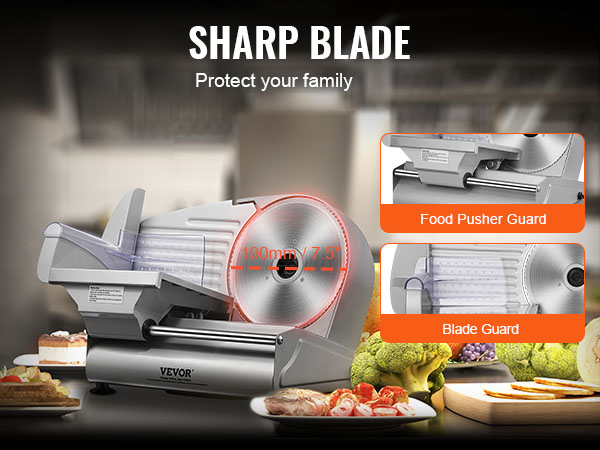 VEVOR meat slicer with 7.5" sharp blade, food pusher guard, and blade guard, surrounded by various foods.