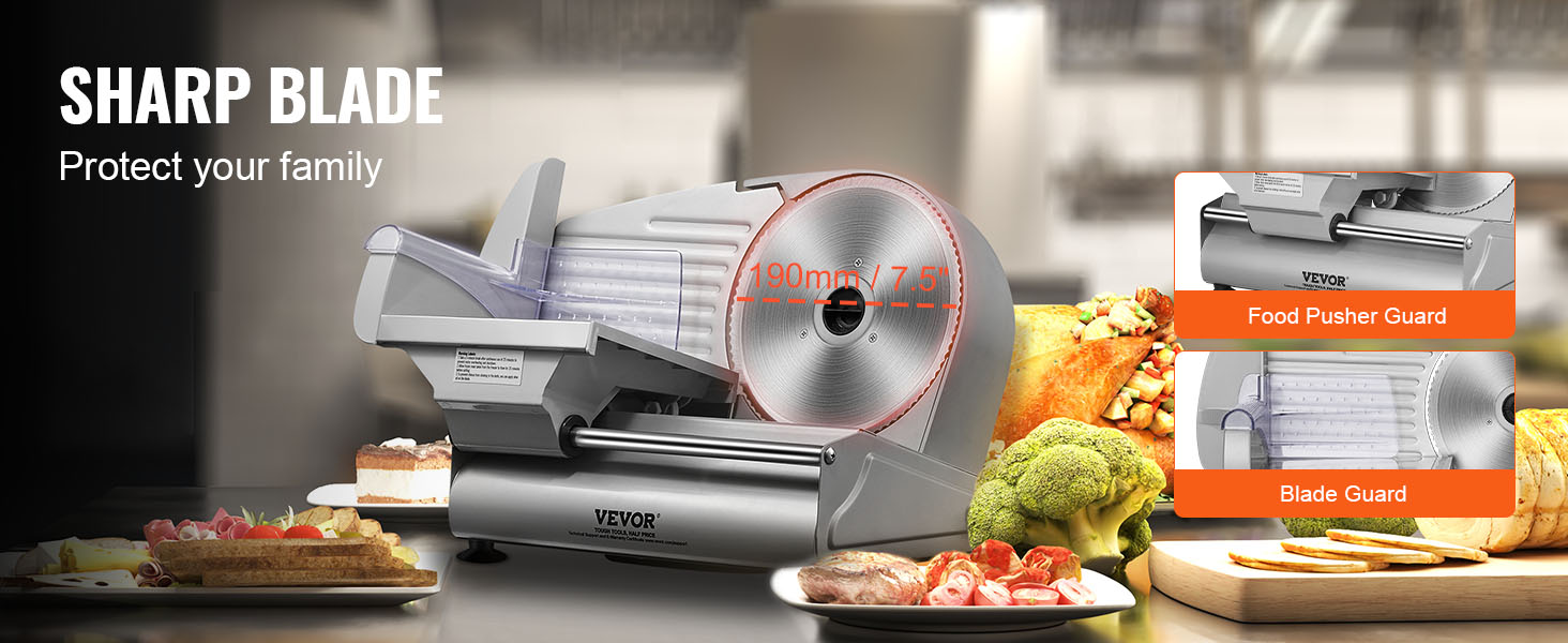 VEVOR meat slicer with 7.5" sharp blade, food pusher guard, and blade guard, surrounded by various foods.