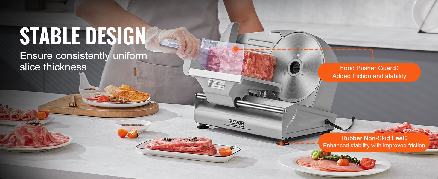 VEVOR meat slicer cutting meat with food pusher guard on a kitchen counter surrounded by sliced meat.