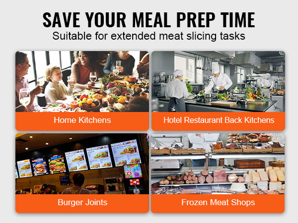 save time with VEVOR meat slicer for home kitchens, hotel back kitchens, restaurants, burger joints, and frozen meat shops.