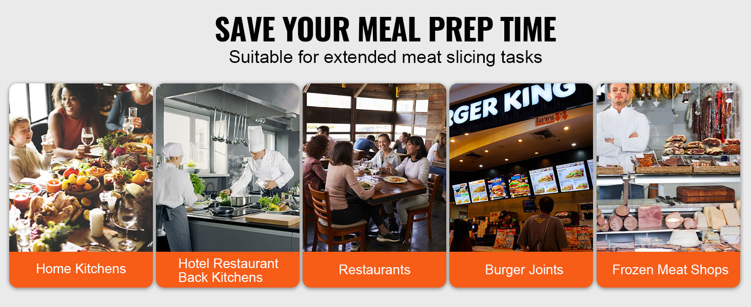 save time with VEVOR meat slicer for home kitchens, hotel back kitchens, restaurants, burger joints, and frozen meat shops.