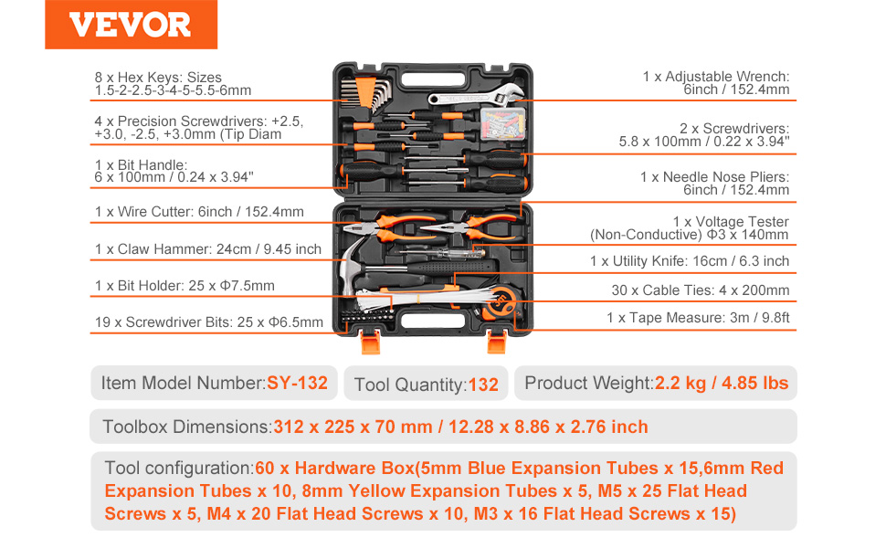 VEVOR instrumentu komplekts, modelis sy-132, 132 rīki organizētā melni oranžā korpusā ar uzlīmēm uz dažādiem instrumentiem.