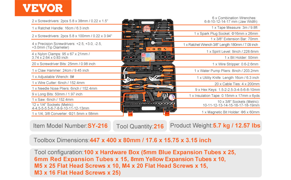VEVOR tool kit 216-piece set with dimensions, weights, and individual tool specifications shown.