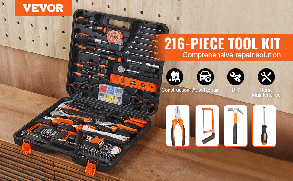 VEVOR 216-piece tool kit with various tools for construction, auto repair, diy, and home maintenance.