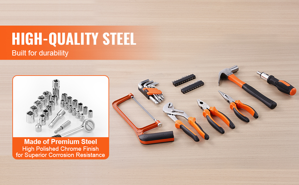 VEVOR tool kit with various high-quality steel tools, including pliers, hammer, screwdriver, and saw.